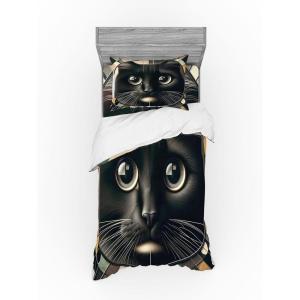 Ambesonne Cat Bedding Set, Romantic Date Night of Kitties Drinking Milkshake Cozy Night Scene Valentines, 4 Piece Duvet Cover Set with Shams and Fitted Sheet, Queen Size, Dark Blue Apricot(Charcoal Grey)