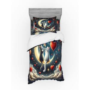 Ambesonne Cat Bedding Set, Romantic Date Night of Kitties Drinking Milkshake Cozy Night Scene Valentines, 4 Piece Duvet Cover Set with Shams and Fitted Sheet, Queen Size, Dark Blue Apricot(Dark Night Blue Vermilion)
