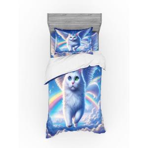 Ambesonne Cat Bedding Set, Romantic Date Night of Kitties Drinking Milkshake Cozy Night Scene Valentines, 4 Piece Duvet Cover Set with Shams and Fitted Sheet, Queen Size, Dark Blue Apricot(Azure Blue Pale Pink)