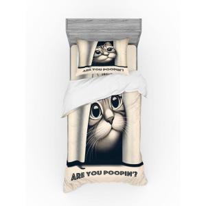 Ambesonne Cat Bedding Set, Romantic Date Night of Kitties Drinking Milkshake Cozy Night Scene Valentines, 4 Piece Duvet Cover Set with Shams and Fitted Sheet, Queen Size, Dark Blue Apricot(Dark Blue Ivory)