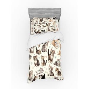 Ambesonne Cat Bedding Set, Romantic Date Night of Kitties Drinking Milkshake Cozy Night Scene Valentines, 4 Piece Duvet Cover Set with Shams and Fitted Sheet, Queen Size, Dark Blue Apricot(Off White Taupe and Grey)