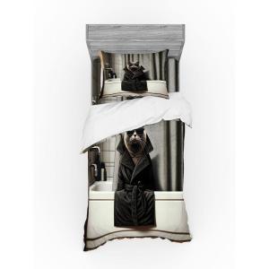 Ambesonne Cat Bedding Set, Romantic Date Night of Kitties Drinking Milkshake Cozy Night Scene Valentines, 4 Piece Duvet Cover Set with Shams and Fitted Sheet, Queen Size, Dark Blue Apricot(Grey and Charcoal Grey)
