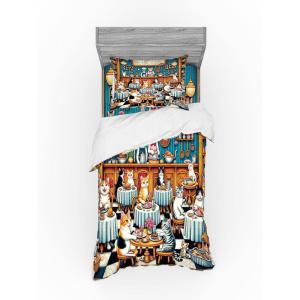 Ambesonne Cat Bedding Set, Romantic Date Night of Kitties Drinking Milkshake Cozy Night Scene Valentines, 4 Piece Duvet Cover Set with Shams and Fitted Sheet, Queen Size, Dark Blue Apricot(Sea Blue and Marigold)