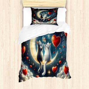 Ambesonne Cat Duvet Cover Set, Romantic Date Night of Kitties Drinking Milkshake Cozy Night Scene Valentines, Decorative 3 Piece Bedding Set with 2 Pillow Shams, California King, Dark Blue Apricot(Dark Night Blue Vermilion)