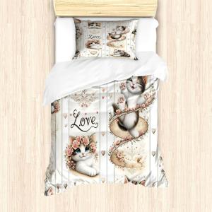 Ambesonne Cat Duvet Cover Set, Romantic Date Night of Kitties Drinking Milkshake Cozy Night Scene Valentines, Decorative 3 Piece Bedding Set with 2 Pillow Shams, California King, Dark Blue Apricot(Ivory Pale Brown Grey)