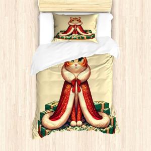 Ambesonne Cat Duvet Cover Set, Romantic Date Night of Kitties Drinking Milkshake Cozy Night Scene Valentines, Decorative 3 Piece Bedding Set with 2 Pillow Shams, California King, Dark Blue Apricot(Cream Hunter Green and Orange)