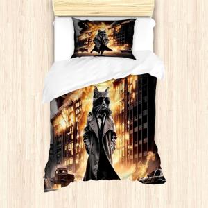 Ambesonne Cat Duvet Cover Set, Romantic Date Night of Kitties Drinking Milkshake Cozy Night Scene Valentines, Decorative 3 Piece Bedding Set with 2 Pillow Shams, California King, Dark Blue Apricot(Pale Orange and Dark Grey)