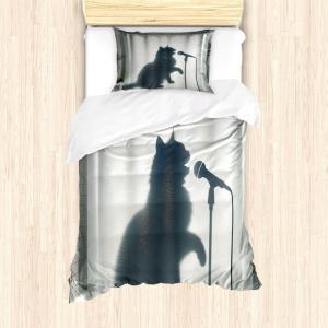 Ambesonne Cat Duvet Cover Set, Romantic Date Night of Kitties Drinking Milkshake Cozy Night Scene Valentines, Decorative 3 Piece Bedding Set with 2 Pillow Shams, California King, Dark Blue Apricot(Dark Blue Grey Off White)