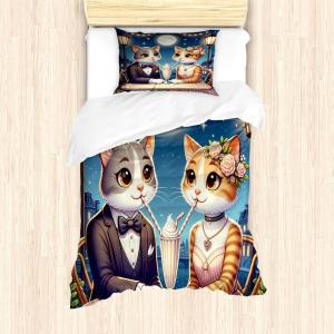 Ambesonne Cat Duvet Cover Set, Romantic Date Night of Kitties Drinking Milkshake Cozy Night Scene Valentines, Decorative 3 Piece Bedding Set with 2 Pillow Shams, California King, Dark Blue Apricot(Dark Blue Apricot)