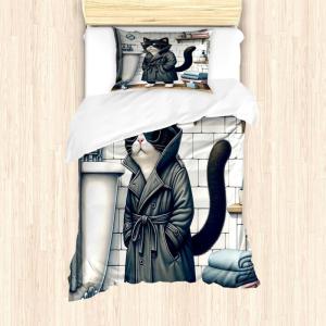 Ambesonne Cat Duvet Cover Set, Romantic Date Night of Kitties Drinking Milkshake Cozy Night Scene Valentines, Decorative 3 Piece Bedding Set with 2 Pillow Shams, California King, Dark Blue Apricot(Charcoal Grey White)