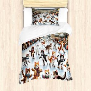 Ambesonne Cat Duvet Cover Set, Romantic Date Night of Kitties Drinking Milkshake Cozy Night Scene Valentines, Decorative 3 Piece Bedding Set with 2 Pillow Shams, California King, Dark Blue Apricot(Orange Brown Pale Blue)