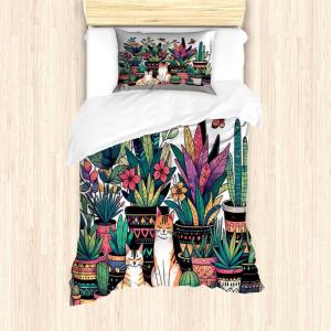 Ambesonne Cat Duvet Cover Set, Romantic Date Night of Kitties Drinking Milkshake Cozy Night Scene Valentines, Decorative 3 Piece Bedding Set with 2 Pillow Shams, California King, Dark Blue Apricot(Teal Pink and Purple)