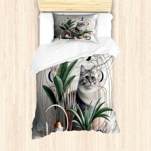 Ambesonne Cat Duvet Cover Set, Romantic Date Night of Kitties Drinking Milkshake Cozy Night Scene Valentines, Decorative 3 Piece Bedding Set with 2 Pillow Shams, California King, Dark Blue Apricot(Grey Green Pale Rust)
