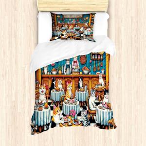 Ambesonne Cat Duvet Cover Set, Romantic Date Night of Kitties Drinking Milkshake Cozy Night Scene Valentines, Decorative 3 Piece Bedding Set with 2 Pillow Shams, California King, Dark Blue Apricot(Sea Blue and Marigold)