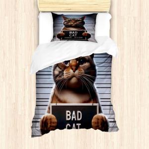 Ambesonne Cat Duvet Cover Set, Romantic Date Night of Kitties Drinking Milkshake Cozy Night Scene Valentines, Decorative 3 Piece Bedding Set with 2 Pillow Shams, California King, Dark Blue Apricot(Umber and Pale Blue Grey)