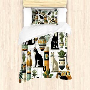 Ambesonne Cat Duvet Cover Set, Romantic Date Night of Kitties Drinking Milkshake Cozy Night Scene Valentines, Decorative 3 Piece Bedding Set with 2 Pillow Shams, California King, Dark Blue Apricot(Black Ginger Mint Green)