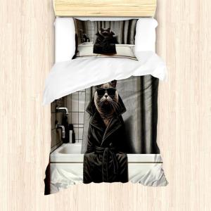 Ambesonne Cat Duvet Cover Set, Romantic Date Night of Kitties Drinking Milkshake Cozy Night Scene Valentines, Decorative 3 Piece Bedding Set with 2 Pillow Shams, California King, Dark Blue Apricot(Grey and Charcoal Grey)