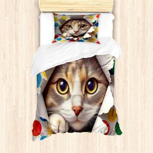 Ambesonne Cat Duvet Cover Set, Romantic Date Night of Kitties Drinking Milkshake Cozy Night Scene Valentines, Decorative 3 Piece Bedding Set with 2 Pillow Shams, California King, Dark Blue Apricot(Multicolor)