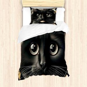 Ambesonne Cat Duvet Cover Set, Romantic Date Night of Kitties Drinking Milkshake Cozy Night Scene Valentines, Decorative 3 Piece Bedding Set with 2 Pillow Shams, California King, Dark Blue Apricot(Charcoal Grey)