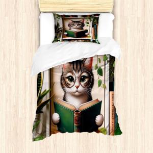 Ambesonne Cat Duvet Cover Set, Romantic Date Night of Kitties Drinking Milkshake Cozy Night Scene Valentines, Decorative 3 Piece Bedding Set with 2 Pillow Shams, California King, Dark Blue Apricot(Green Paprika Beige)