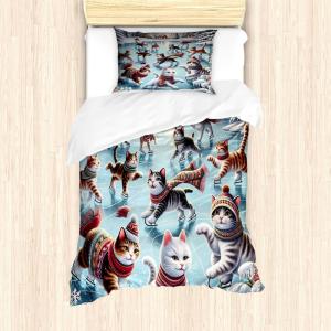 Ambesonne Cat Duvet Cover Set, Romantic Date Night of Kitties Drinking Milkshake Cozy Night Scene Valentines, Decorative 3 Piece Bedding Set with 2 Pillow Shams, California King, Dark Blue Apricot(Soft Blue Burnt Orange)
