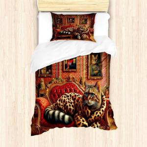 Ambesonne Cat Duvet Cover Set, Romantic Date Night of Kitties Drinking Milkshake Cozy Night Scene Valentines, Decorative 3 Piece Bedding Set with 2 Pillow Shams, California King, Dark Blue Apricot(Marigold Salmon)