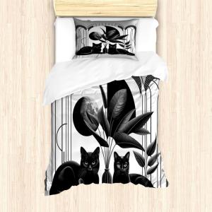 Ambesonne Cat Duvet Cover Set, Romantic Date Night of Kitties Drinking Milkshake Cozy Night Scene Valentines, Decorative 3 Piece Bedding Set with 2 Pillow Shams, California King, Dark Blue Apricot(Pale Grey Charcoal Grey)