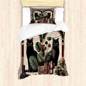 Ambesonne Cat Duvet Cover Set, Romantic Date Night of Kitties Drinking Milkshake Cozy Night Scene Valentines, Decorative 3 Piece Bedding Set with 2 Pillow Shams, California King, Dark Blue Apricot(Sand Brown Maroon Green)