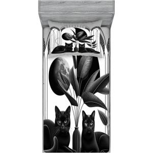 Ambesonne Cat Fitted Sheet & Pillow Sham Set, Romantic Date Night of Kitties Drinking Milkshake Cozy Night Scene Valentines, Decorative Printed 3 Piece Bedding Decor Set, Queen, Dark Blue Apricot(Pale Grey Charcoal Grey)