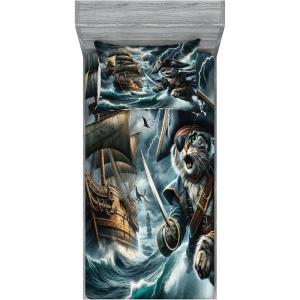Ambesonne Cat Fitted Sheet & Pillow Sham Set, Romantic Date Night of Kitties Drinking Milkshake Cozy Night Scene Valentines, Decorative Printed 3 Piece Bedding Decor Set, Queen, Dark Blue Apricot(Dark Slate Blue and Amber)