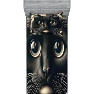Ambesonne Cat Fitted Sheet & Pillow Sham Set, Romantic Date Night of Kitties Drinking Milkshake Cozy Night Scene Valentines, Decorative Printed 3 Piece Bedding Decor Set, Queen, Dark Blue Apricot(Charcoal Grey)