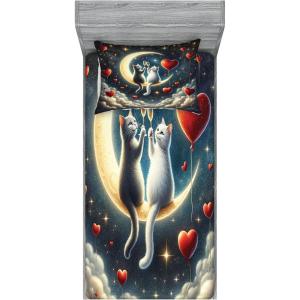 Ambesonne Cat Fitted Sheet & Pillow Sham Set, Romantic Date Night of Kitties Drinking Milkshake Cozy Night Scene Valentines, Decorative Printed 3 Piece Bedding Decor Set, Queen, Dark Blue Apricot(Dark Night Blue Vermilion)