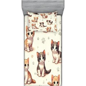 Ambesonne Cat Fitted Sheet & Pillow Sham Set, Romantic Date Night of Kitties Drinking Milkshake Cozy Night Scene Valentines, Decorative Printed 3 Piece Bedding Decor Set, Queen, Dark Blue Apricot(Ivory Apricot and Dark Grey)