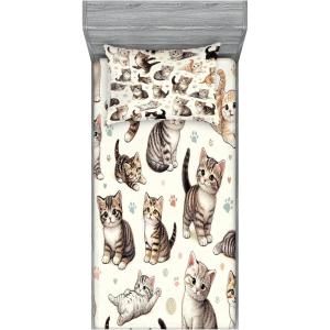 Ambesonne Cat Fitted Sheet & Pillow Sham Set, Romantic Date Night of Kitties Drinking Milkshake Cozy Night Scene Valentines, Decorative Printed 3 Piece Bedding Decor Set, Queen, Dark Blue Apricot(Off White Taupe and Grey)