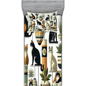 Ambesonne Cat Fitted Sheet & Pillow Sham Set, Romantic Date Night of Kitties Drinking Milkshake Cozy Night Scene Valentines, Decorative Printed 3 Piece Bedding Decor Set, Queen, Dark Blue Apricot(Black Ginger Mint Green)
