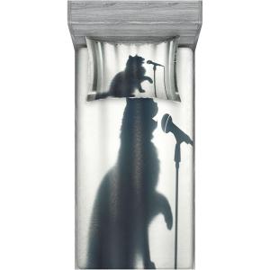 Ambesonne Cat Fitted Sheet & Pillow Sham Set, Romantic Date Night of Kitties Drinking Milkshake Cozy Night Scene Valentines, Decorative Printed 3 Piece Bedding Decor Set, Queen, Dark Blue Apricot(Dark Blue Grey Off White)