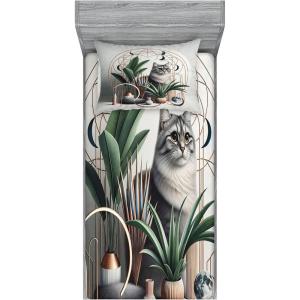 Ambesonne Cat Fitted Sheet & Pillow Sham Set, Romantic Date Night of Kitties Drinking Milkshake Cozy Night Scene Valentines, Decorative Printed 3 Piece Bedding Decor Set, Queen, Dark Blue Apricot(Grey Green Pale Rust)