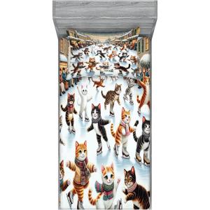 Ambesonne Cat Fitted Sheet & Pillow Sham Set, Romantic Date Night of Kitties Drinking Milkshake Cozy Night Scene Valentines, Decorative Printed 3 Piece Bedding Decor Set, Queen, Dark Blue Apricot(Orange Brown Pale Blue)
