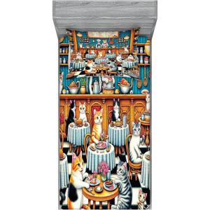 Ambesonne Cat Fitted Sheet & Pillow Sham Set, Romantic Date Night of Kitties Drinking Milkshake Cozy Night Scene Valentines, Decorative Printed 3 Piece Bedding Decor Set, Queen, Dark Blue Apricot(Sea Blue and Marigold)