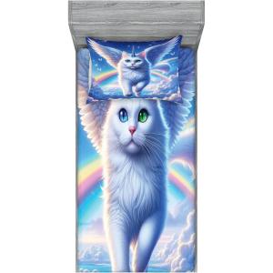 Ambesonne Cat Fitted Sheet & Pillow Sham Set, Romantic Date Night of Kitties Drinking Milkshake Cozy Night Scene Valentines, Decorative Printed 3 Piece Bedding Decor Set, Queen, Dark Blue Apricot(Azure Blue Pale Pink)