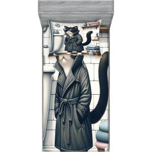 Ambesonne Cat Fitted Sheet & Pillow Sham Set, Romantic Date Night of Kitties Drinking Milkshake Cozy Night Scene Valentines, Decorative Printed 3 Piece Bedding Decor Set, Queen, Dark Blue Apricot(Charcoal Grey White)