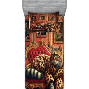 Ambesonne Cat Fitted Sheet & Pillow Sham Set, Romantic Date Night of Kitties Drinking Milkshake Cozy Night Scene Valentines, Decorative Printed 3 Piece Bedding Decor Set, Queen, Dark Blue Apricot(Marigold Salmon)