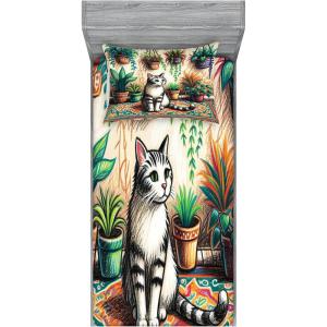 Ambesonne Cat Fitted Sheet & Pillow Sham Set, Romantic Date Night of Kitties Drinking Milkshake Cozy Night Scene Valentines, Decorative Printed 3 Piece Bedding Decor Set, Queen, Dark Blue Apricot(Jade Green Grey Orange)
