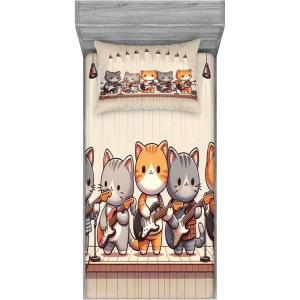 Ambesonne Cat Fitted Sheet & Pillow Sham Set, Romantic Date Night of Kitties Drinking Milkshake Cozy Night Scene Valentines, Decorative Printed 3 Piece Bedding Decor Set, Queen, Dark Blue Apricot(Grey Orange and Pale Tan)
