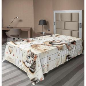 Ambesonne Cat Flat Sheet, Romantic Date Night of Kitties Drinking Milkshake Cozy Night Scene Valentines, Soft and Comfortable Top Sheet Decorative Bedding 1 Piece, Full Size, Dark Blue Apricot(Ivory Pale Brown Grey)