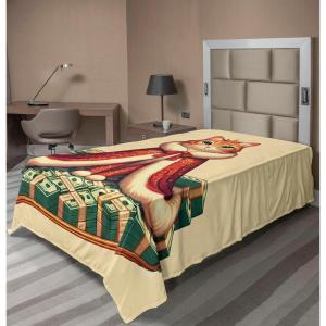 Ambesonne Cat Flat Sheet, Romantic Date Night of Kitties Drinking Milkshake Cozy Night Scene Valentines, Soft and Comfortable Top Sheet Decorative Bedding 1 Piece, Full Size, Dark Blue Apricot(Cream Hunter Green and Orange)