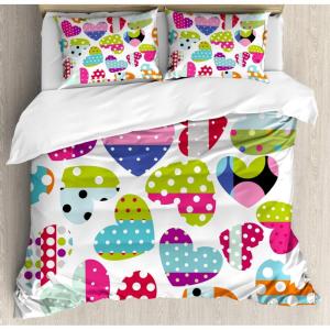 Ambesonne Colorful Duvet Cover Set, Heart Shapes with Patches and Polka Dots Cheerful Pattern Design Artwork, Decorative 3 Piece Bedding Set with 2 Pillow Shams, Queen Size, Multicolor