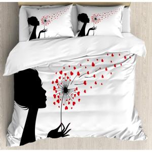 Ambesonne Dandelion Duvet Cover Set, Woman Silhouette Heart Flying Valentines Day Themed, Decorative 3 Piece Bedding Set with 2 Pillow Shams, King Size, Vermilion Black White