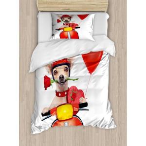 Ambesonne Dog Driver Duvet Cover Set, Romantic Chihuahua with Balloon Rose Flower Valentines Love Date Celebration, Decorative 3 Piece Bedding Set with 2 Pillow Shams, King Size, Red Yellow(Red Yellow)