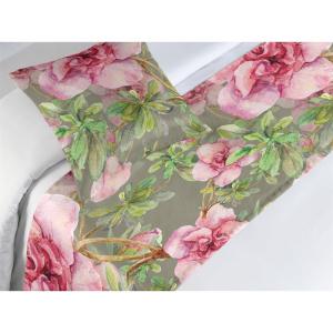 Ambesonne Floral Bed Runner Set, Romantic Concept Art Featuring Rose Flowers Hearts Leaves Valentine, Decorative Bedding Scarf and 2 Pillow Shams for Hotels Homes, Queen, Pastel Pink and Fern Green(Dark Pink and Olive Green)
